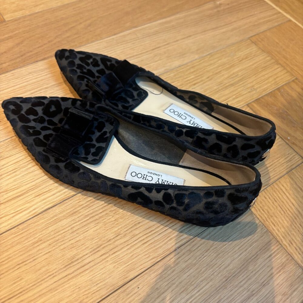 Jimmy Choo Black Mesh Leopard Print Flats
